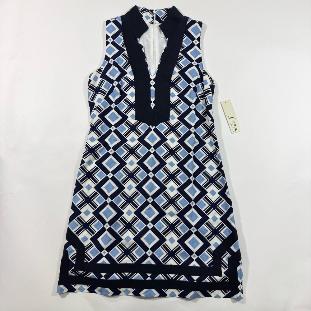 New Eliza J Linen Blend Dress Blue Geometric Print